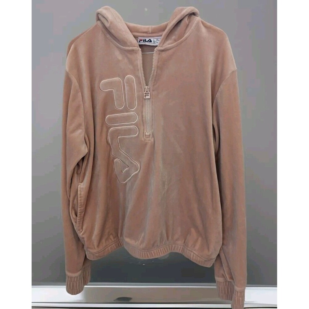 FILA Pink 1/4 Zip Velvet Velour Sweater Hoodie Womens Size Large Soft Comfy